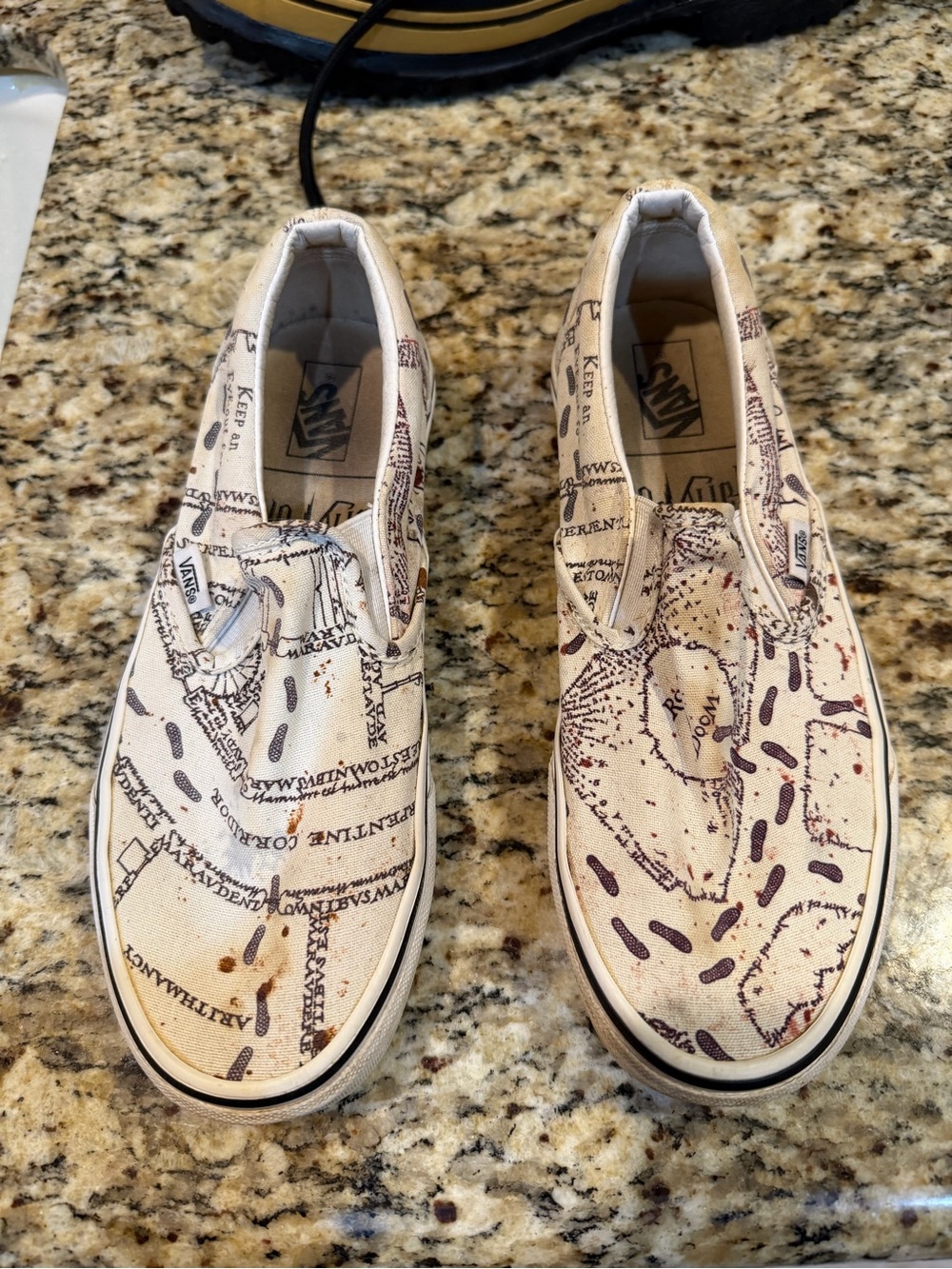 Vans Cream Canvas Slip-On with Black Checker Insole and Harry Potter Map 7.5